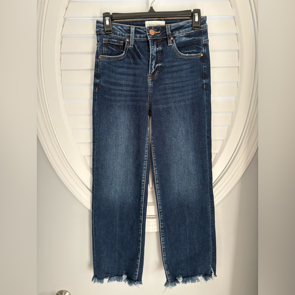 Risen tummy control high rise cropped raw hem dark wash jeans size 1/25